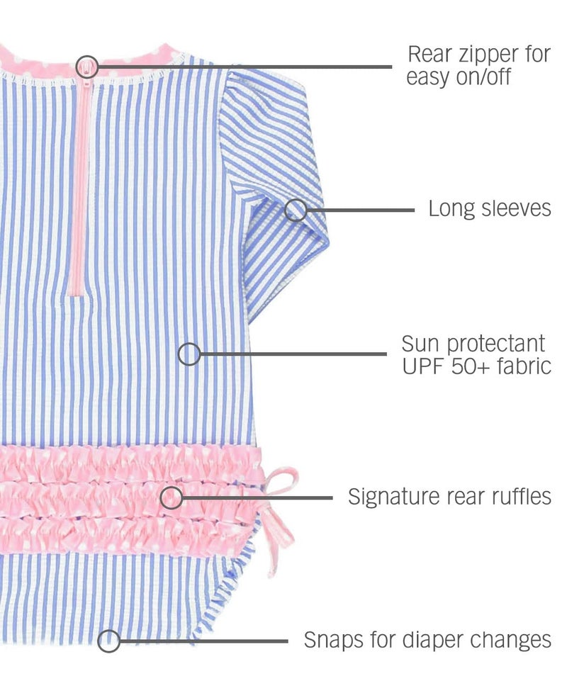 RuffleButts بدلة سباحة واحدة بأكمام طويلة للفتيات من RuffleButtsÂ® - مخطط أزرق مع حماية من الشمس UPF 50+ - 2T - Image 3